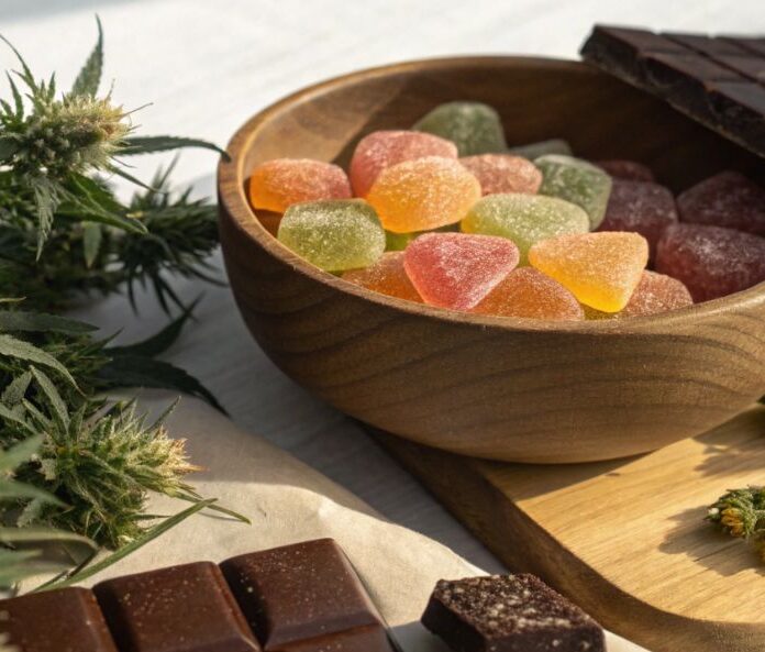 a bowl of cbd gummies and pieces of chocolate on a wooden board with hemp flower buds