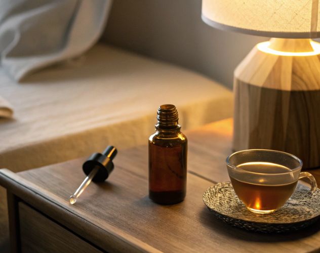an open bottle of cbd oil and a cup of herbal tea on a bedside table with the lamp on