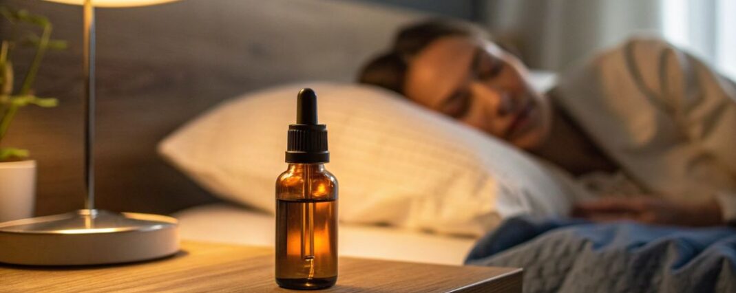 a bottle of cbd oil on a bedside table with a lamp on and a blurred image of woman sleeping in bed in the background