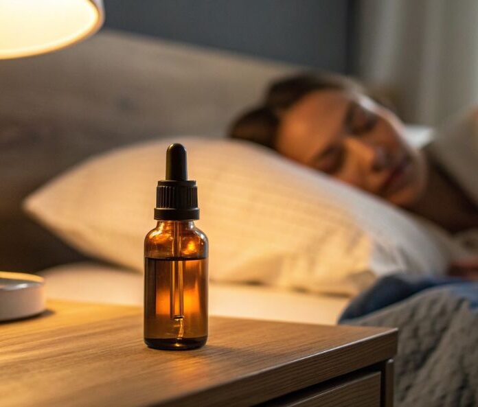 a bottle of cbd oil on a bedside table with a lamp on and a blurred image of woman sleeping in bed in the background