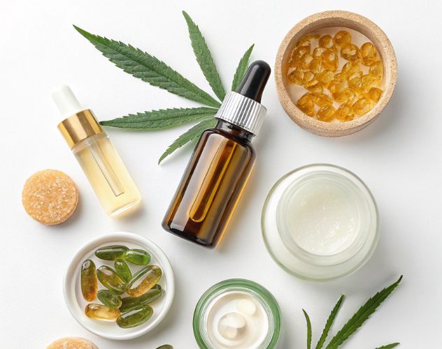 Range of cbd products including cbd oil, capsules, serum and moisturiser
