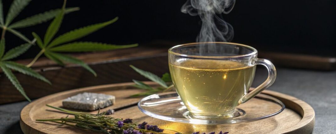a cup of cbd tea on a round wooden board with pieces of lavender and hemp leaves in the background