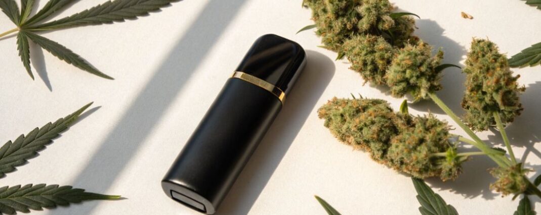 small black refillable cbd vape device next to hemp flower buds with shadows of hemp leaves