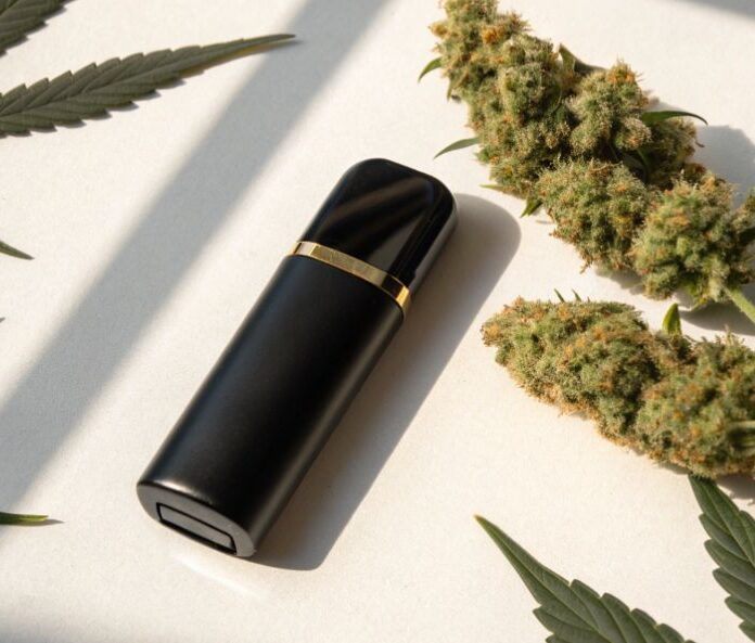 small black refillable cbd vape device next to hemp flower buds with shadows of hemp leaves