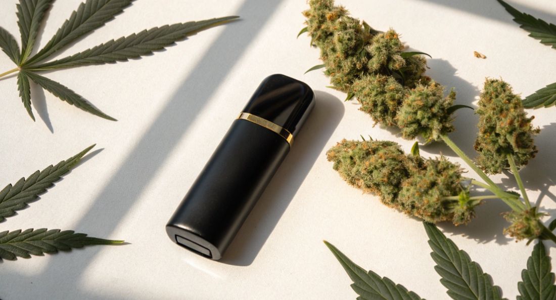 small black refillable cbd vape device next to hemp flower buds with shadows of hemp leaves