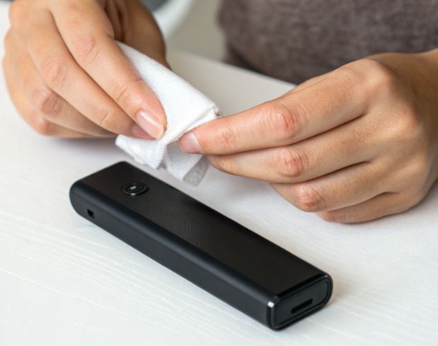 person cleaning vape pod with a white cloth