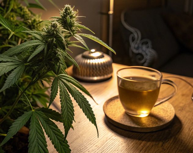 a transparent mug of herbal tea on a bedside table at night with the lamp on