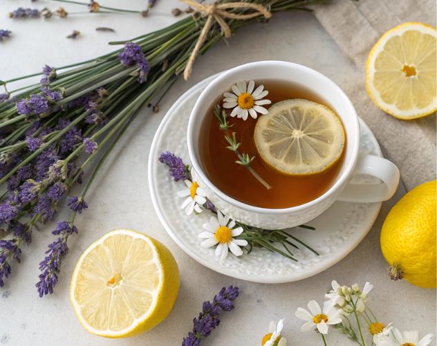 lavender, chamomile and lemon ingredients around a cup of herbal tea