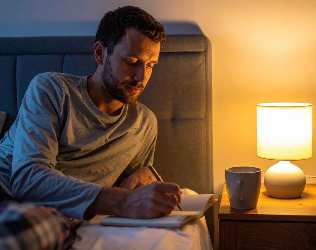 man in bed at night journaling with a cup of tea on the bedside table