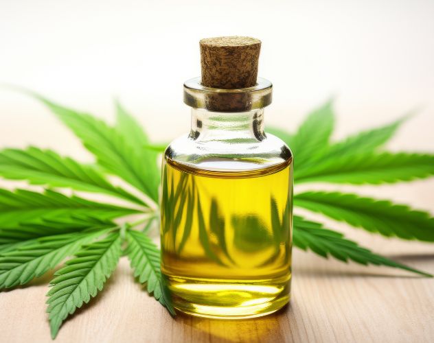 clear pot of cbd oil with hemp leaves in the background