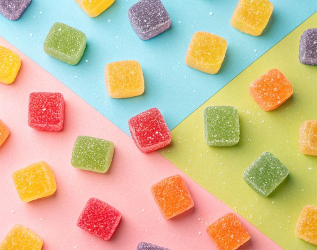 Fruity cube fizzy gummies in assorted colours scattered over a coloured pink blue and green background