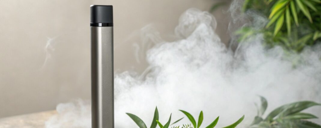 silver vape device with cbd flower buds in a cloud of vapour