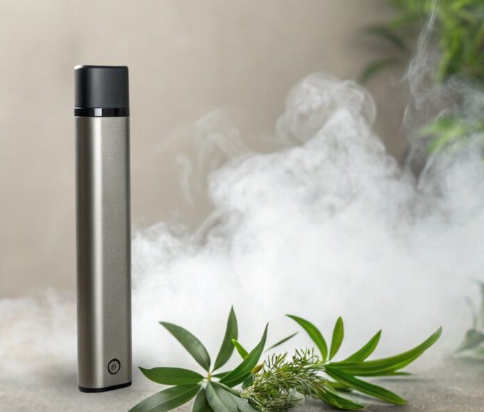silver vape device with cbd flower buds in a cloud of vapour