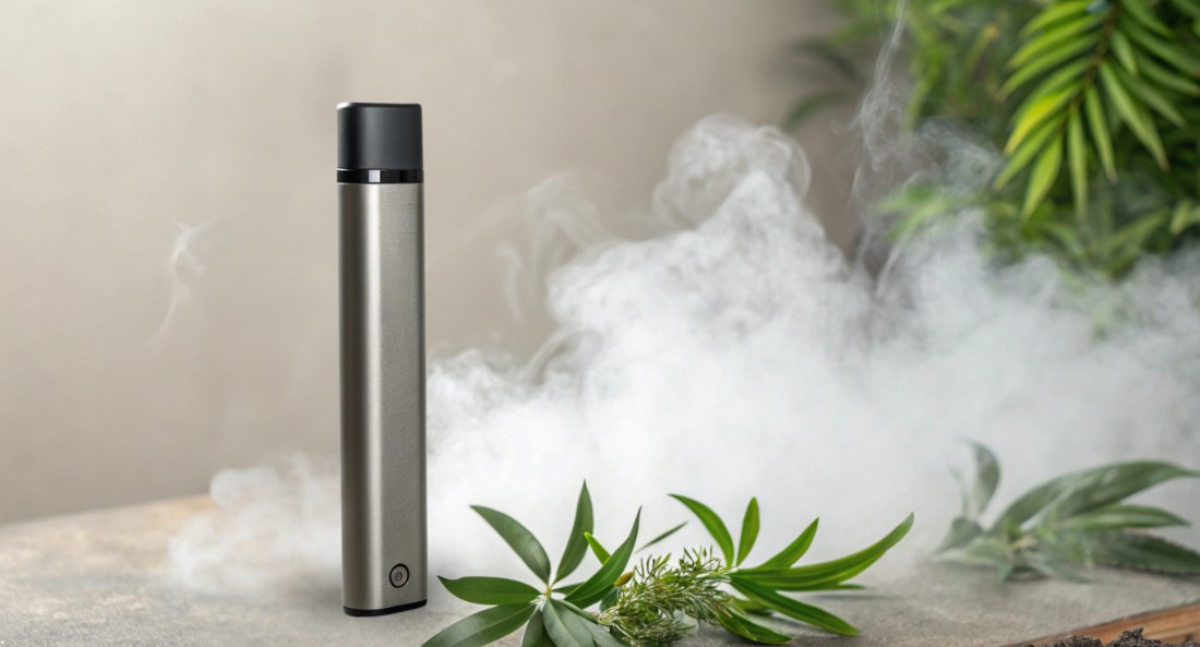 silver vape device with cbd flower buds in a cloud of vapour