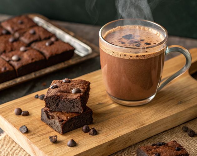 a clear mug of hot chocolate and freshly baked chocolate brownies on a wooden board