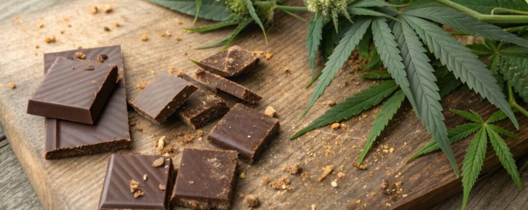 pieces of milk chocolate and hemp flower buds and leaves on a wooden board