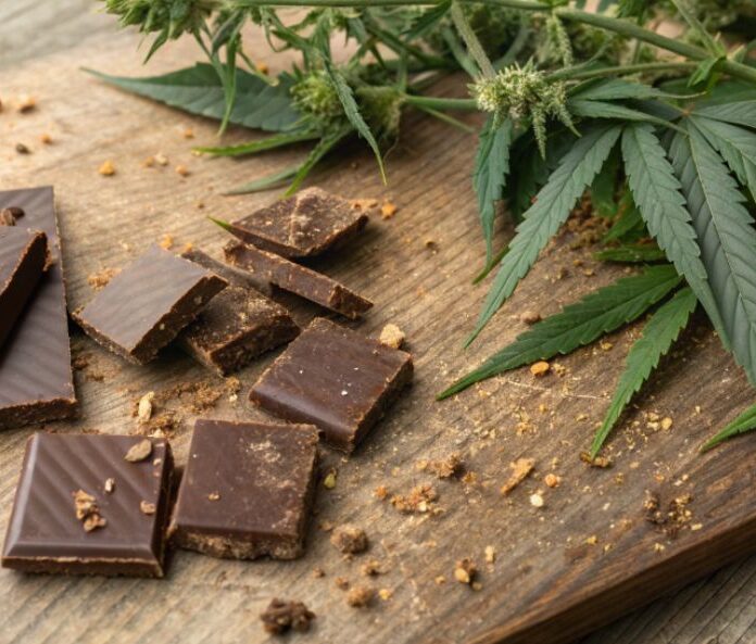 pieces of milk chocolate and hemp flower buds and leaves on a wooden board