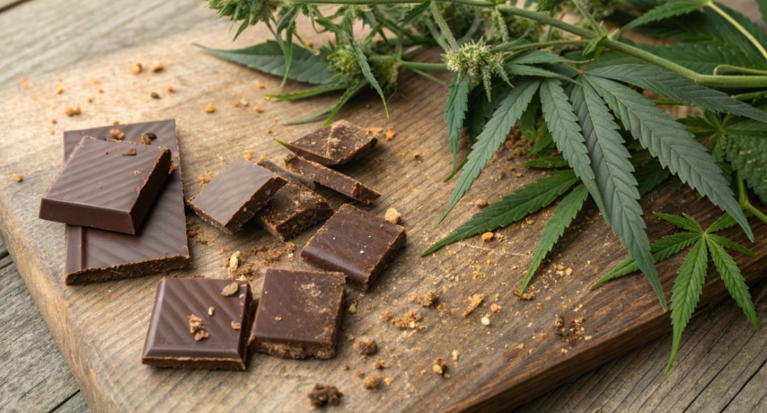 pieces of milk chocolate and hemp flower buds and leaves on a wooden board