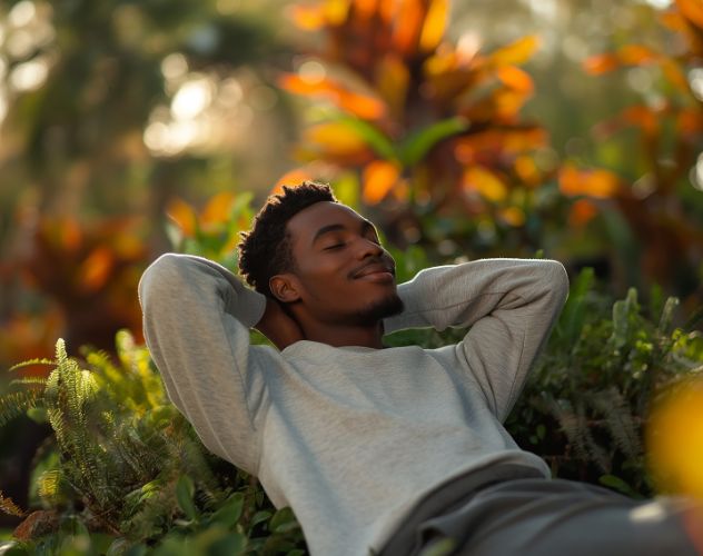 relaxed man sitting outside on a bench