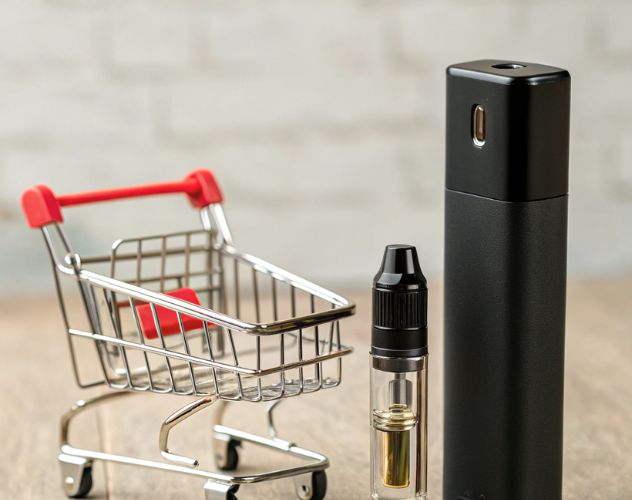 black cbd vape pod and vape cartridge next to a mini shopping trolley