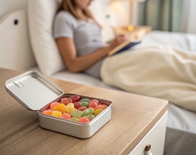 square tin of fizzy gummies on bedside table with a woman sitting on the bed blurred in the background