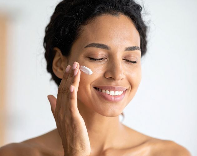 smiling woman moisturising face with cream