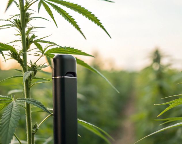 small black vape pod with hemp plants