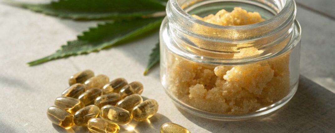cbd oil capsules and a small clear pot of cbd concentrate with a hemp leaf