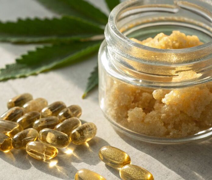 cbd oil capsules and a small clear pot of cbd concentrate with a hemp leaf