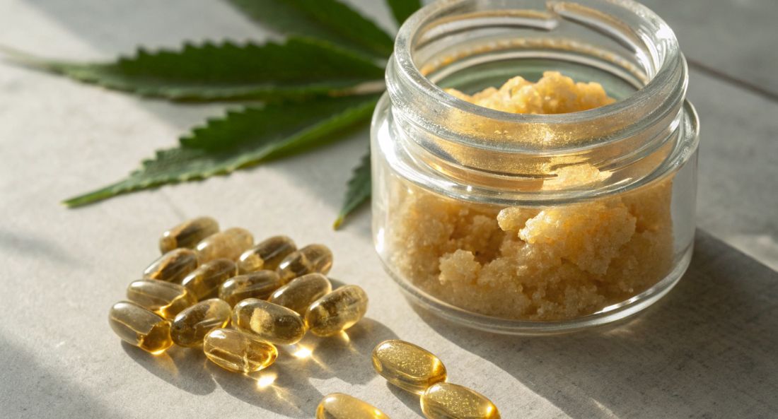 cbd oil capsules and a small clear pot of cbd concentrate with a hemp leaf