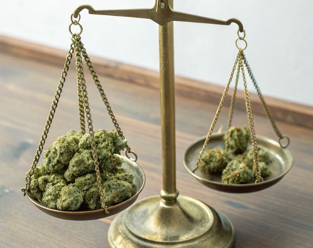 cbd flower buds in scales of justice