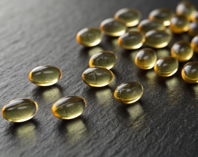 cbd oil capsules on a dark wood surface