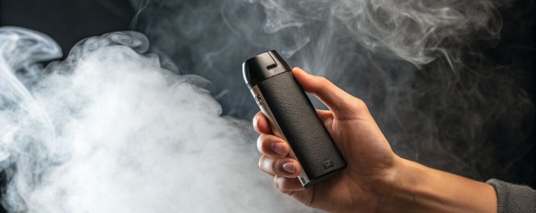 hand holding a black vape pod in a cloud of white smoke