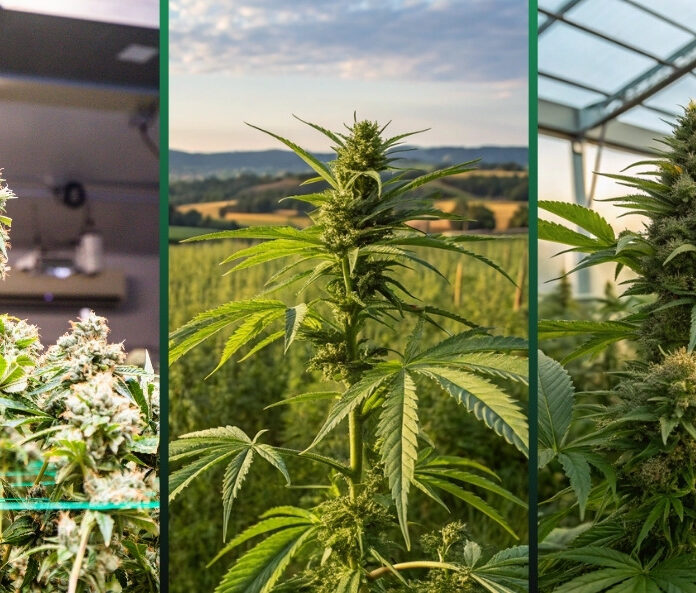 three grid collage image of indoor grown cbd, outdoor grown cbd and greenhouse grown cbd flower