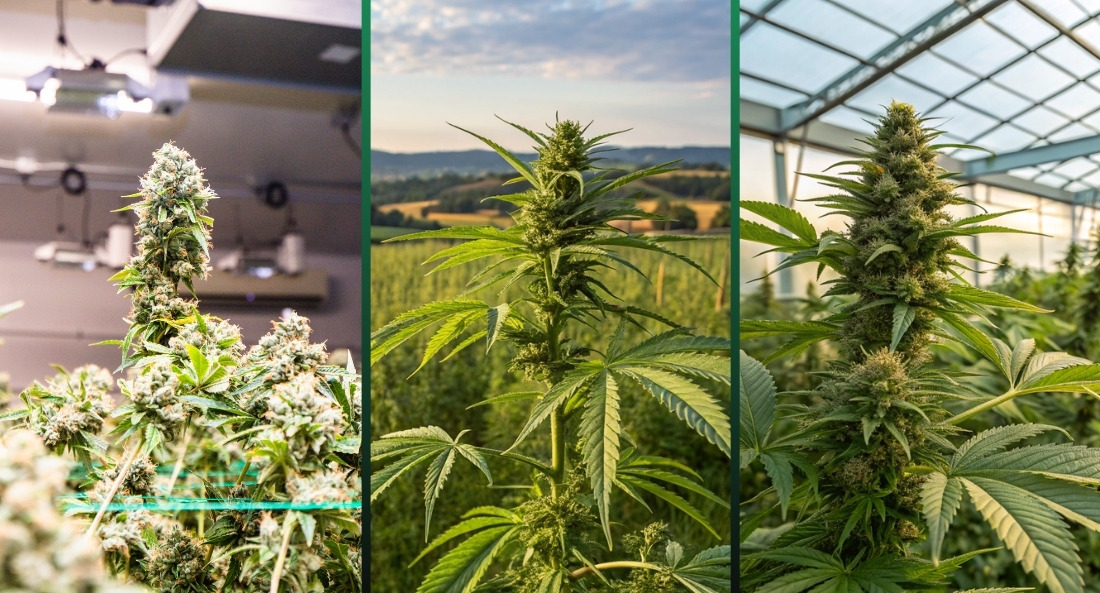 three grid collage image of indoor grown cbd, outdoor grown cbd and greenhouse grown cbd flower