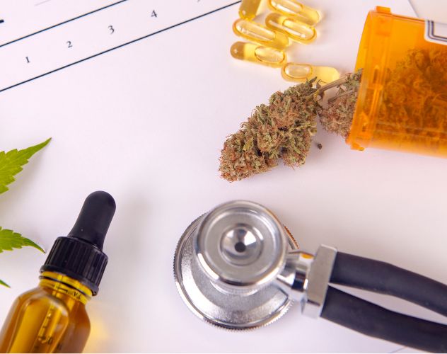 CBD oil, cbd flowers and cbd capsules with a stethoscope