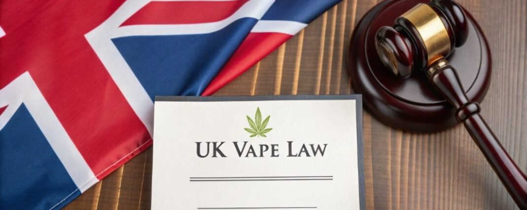 A UK vape law document on a wooden surface with a United Kingdom flag and a gavel
