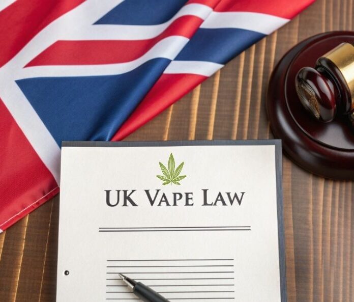 A UK vape law document on a wooden surface with a United Kingdom flag and a gavel