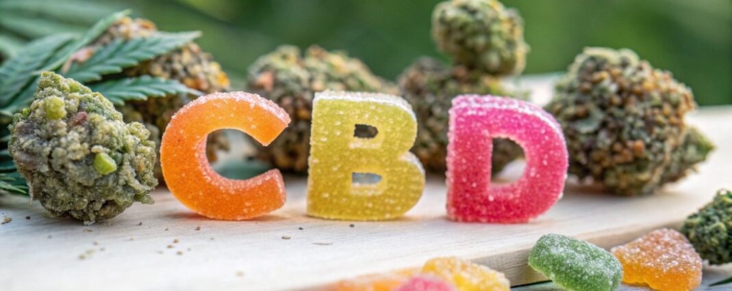 cbd spelled out in fizzy gummies on a wooden board with cbd flower buds