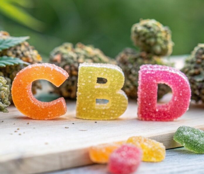 cbd spelled out in fizzy gummies on a wooden board with cbd flower buds