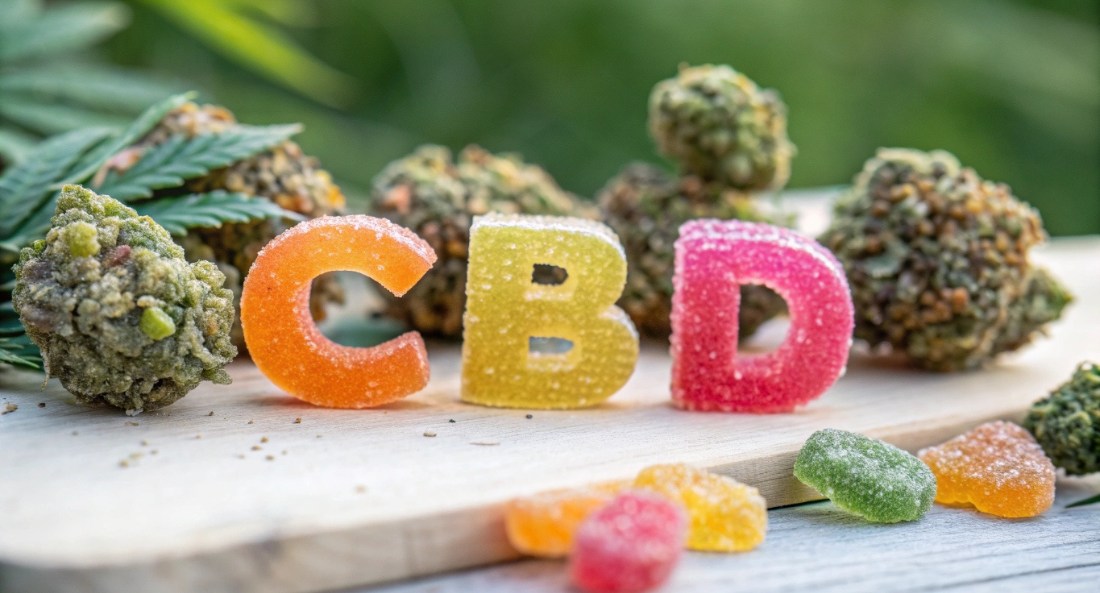 cbd spelled out in fizzy gummies on a wooden board with cbd flower buds