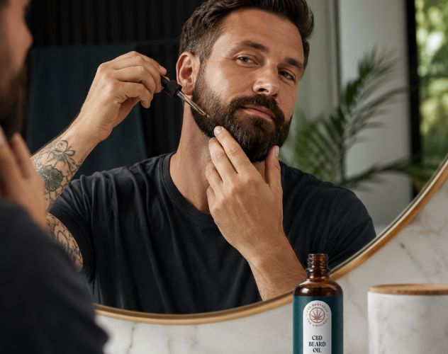 man applying cbd brothers beard oil in mirror