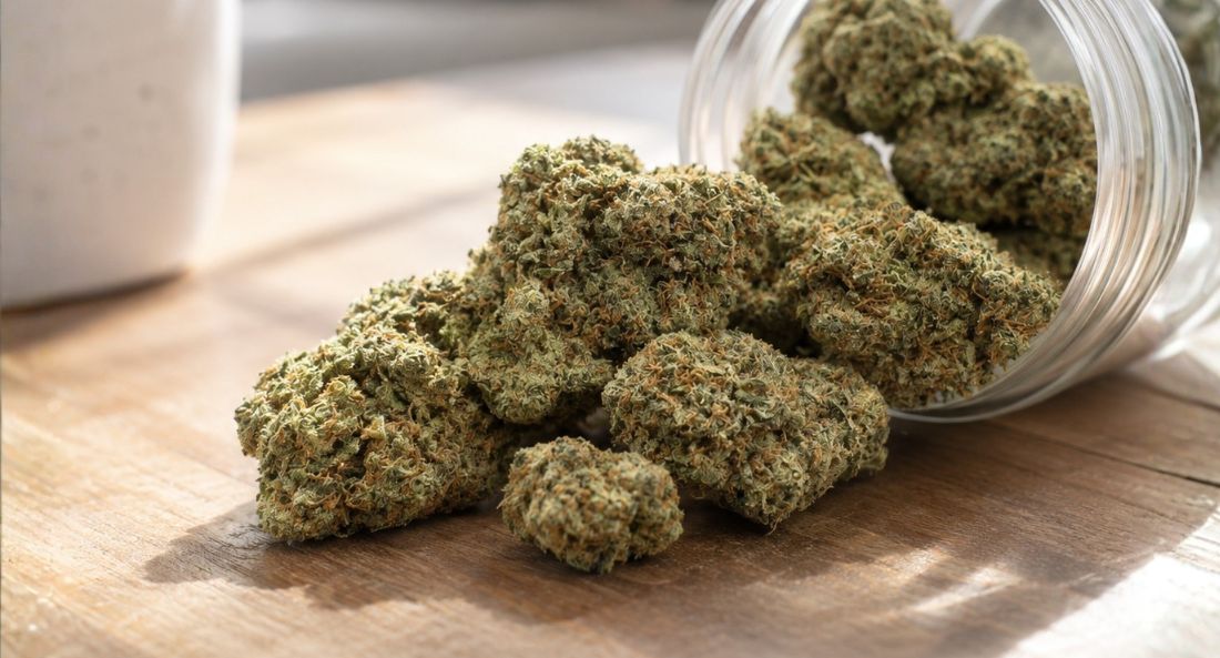 cbd flower buds spilling out a clear jar on a wooden counter