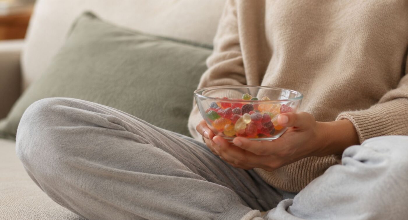 woman holding a bowl of gummies on the sofa