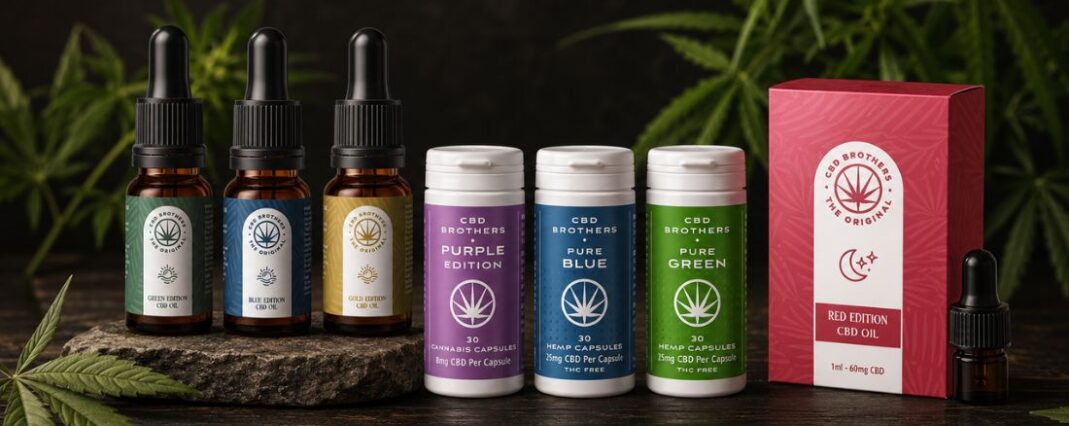 cbd brothers oils and capsules product range on a dark wood surface