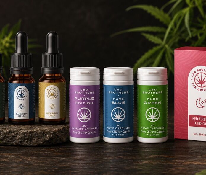 cbd brothers oils and capsules product range on a dark wood surface