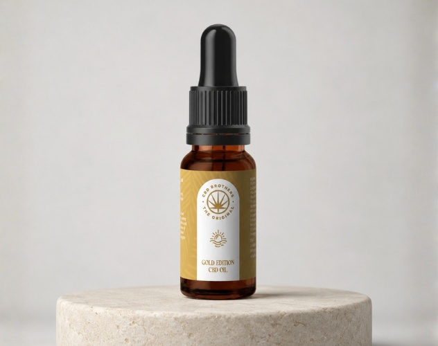 cbd brothers gold edition oil on a round stone plinth