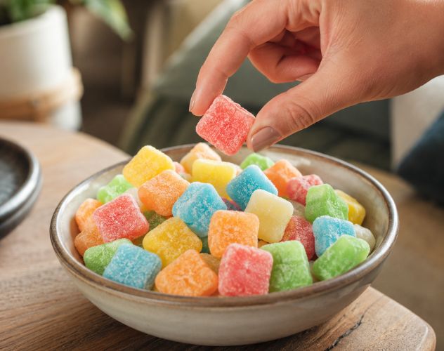 hand taking a sweet out of a bowl of square multicoloured cbd gummies on a brown coffee table