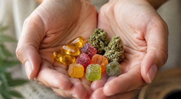 cbd capsules, gummies and hemp flower buds in the palms of a person's hands
