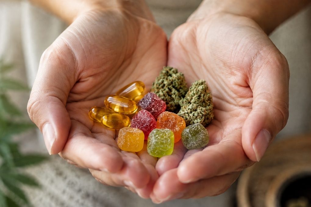 cbd capsules, gummies and hemp flower buds in the palms of a person's hands